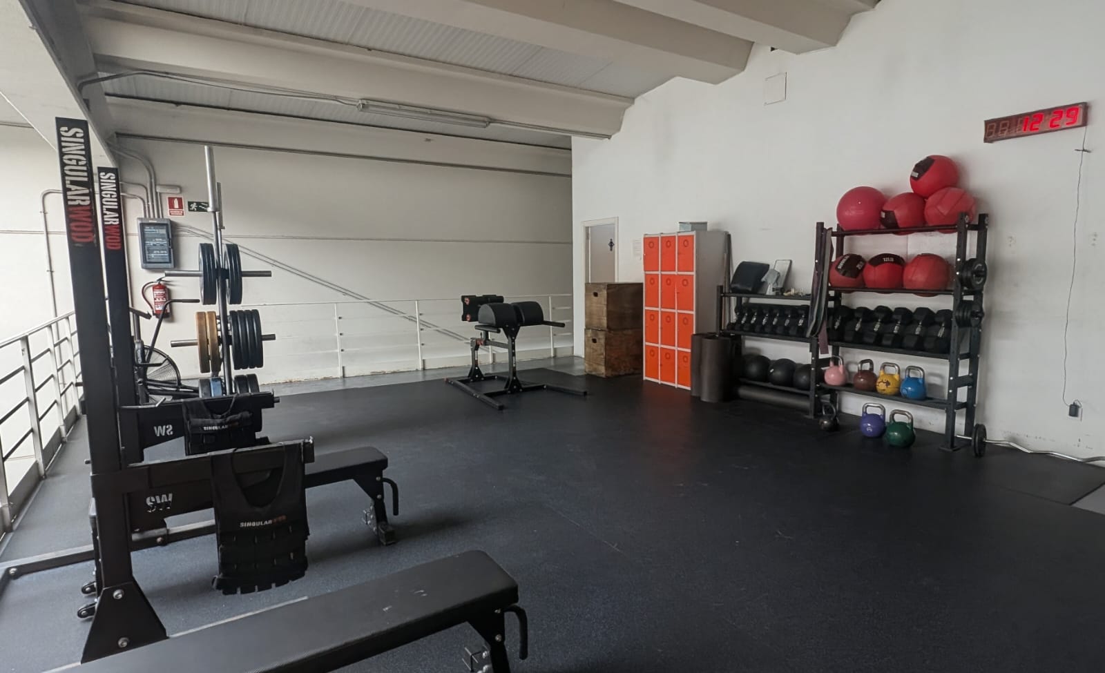Zona de fuerza con squat rack, bancos y material de halterofilia