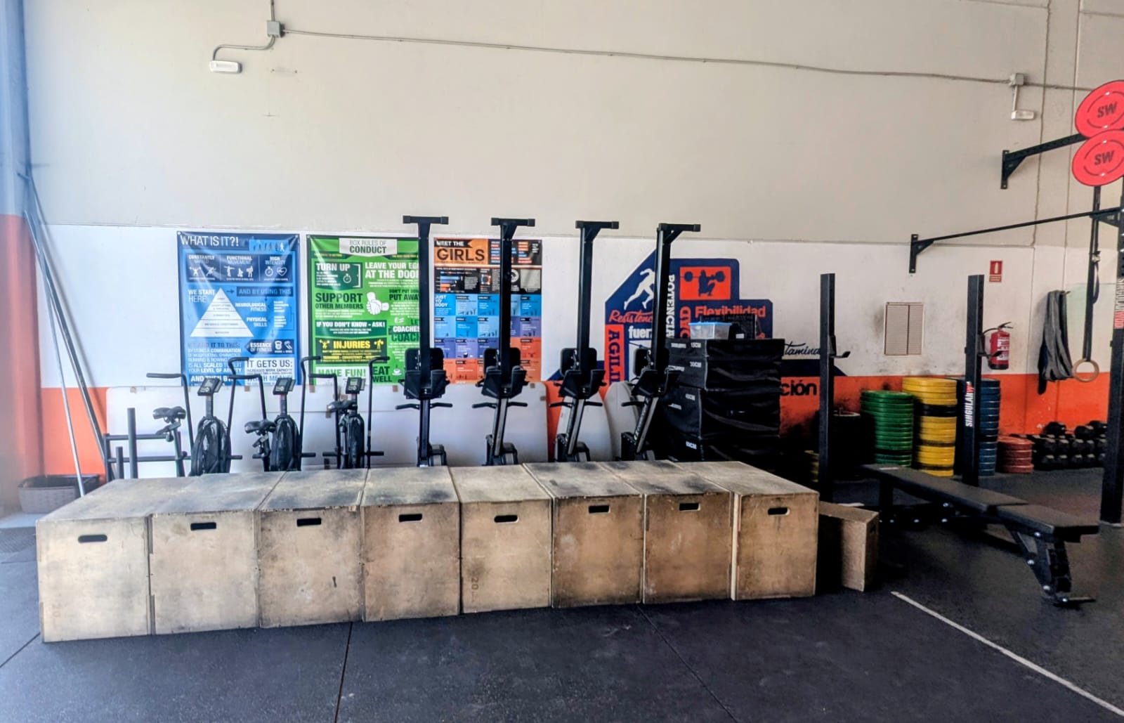 Zona de entrenamiento con equipamiento CrossFit y posters informativos